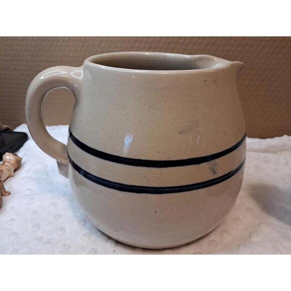 Beige Glazed Primitive Pitcher Stoneware JUG Crock with blue stripe 5.75" tall - Picture 1 of 7